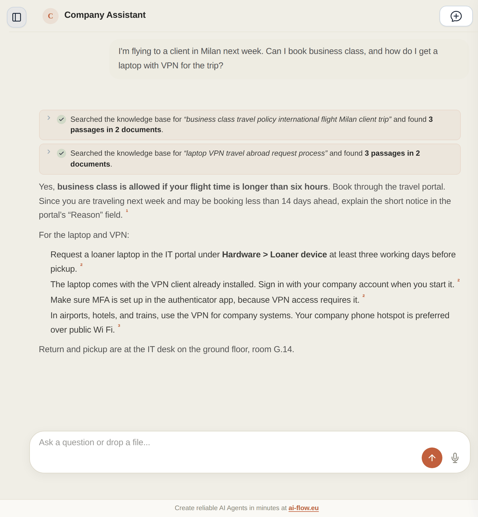 An AI-Flow agent searches two knowledge bases and answers a travel question with footnotes.