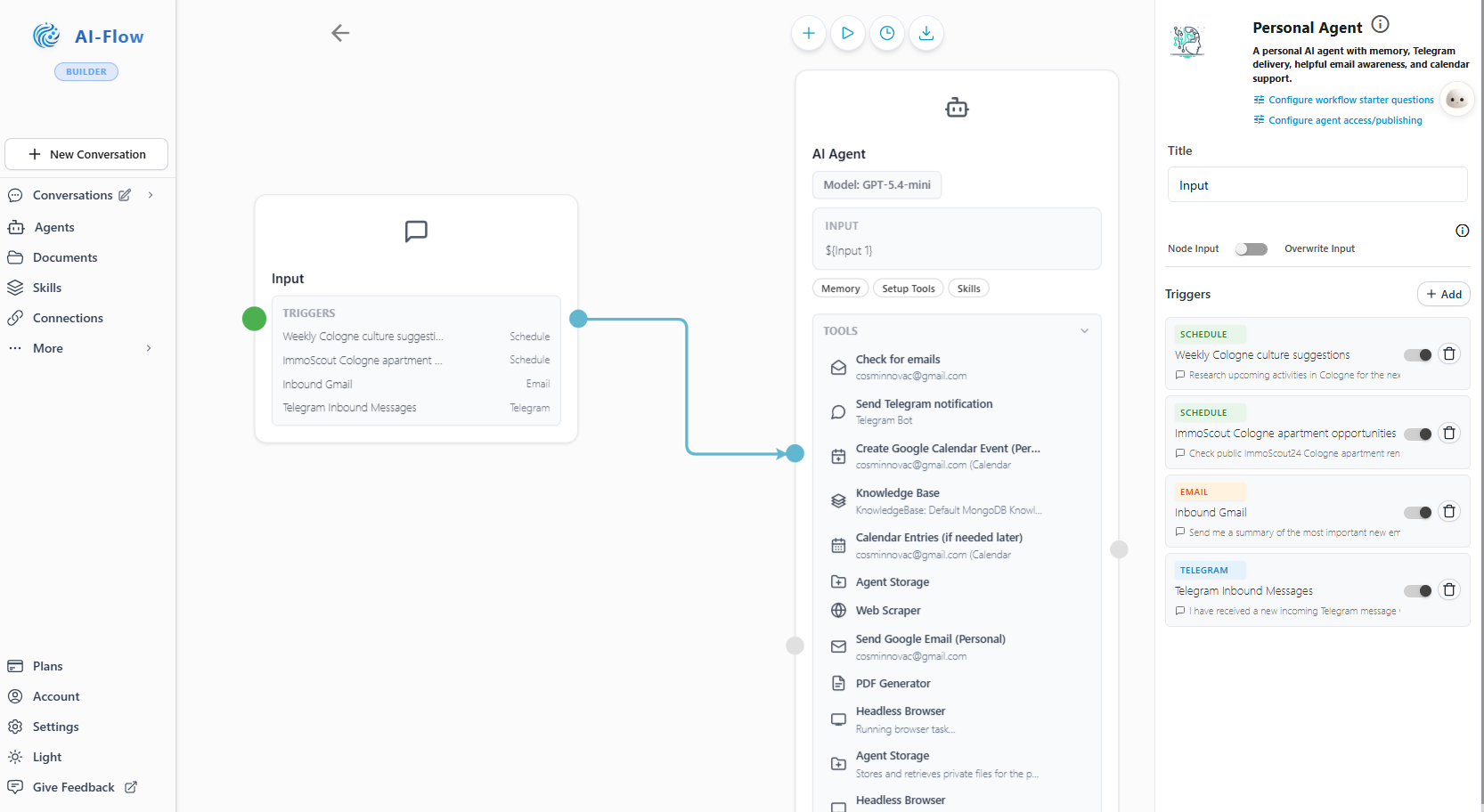The AI-Flow builder showing an agent with its tools and triggers