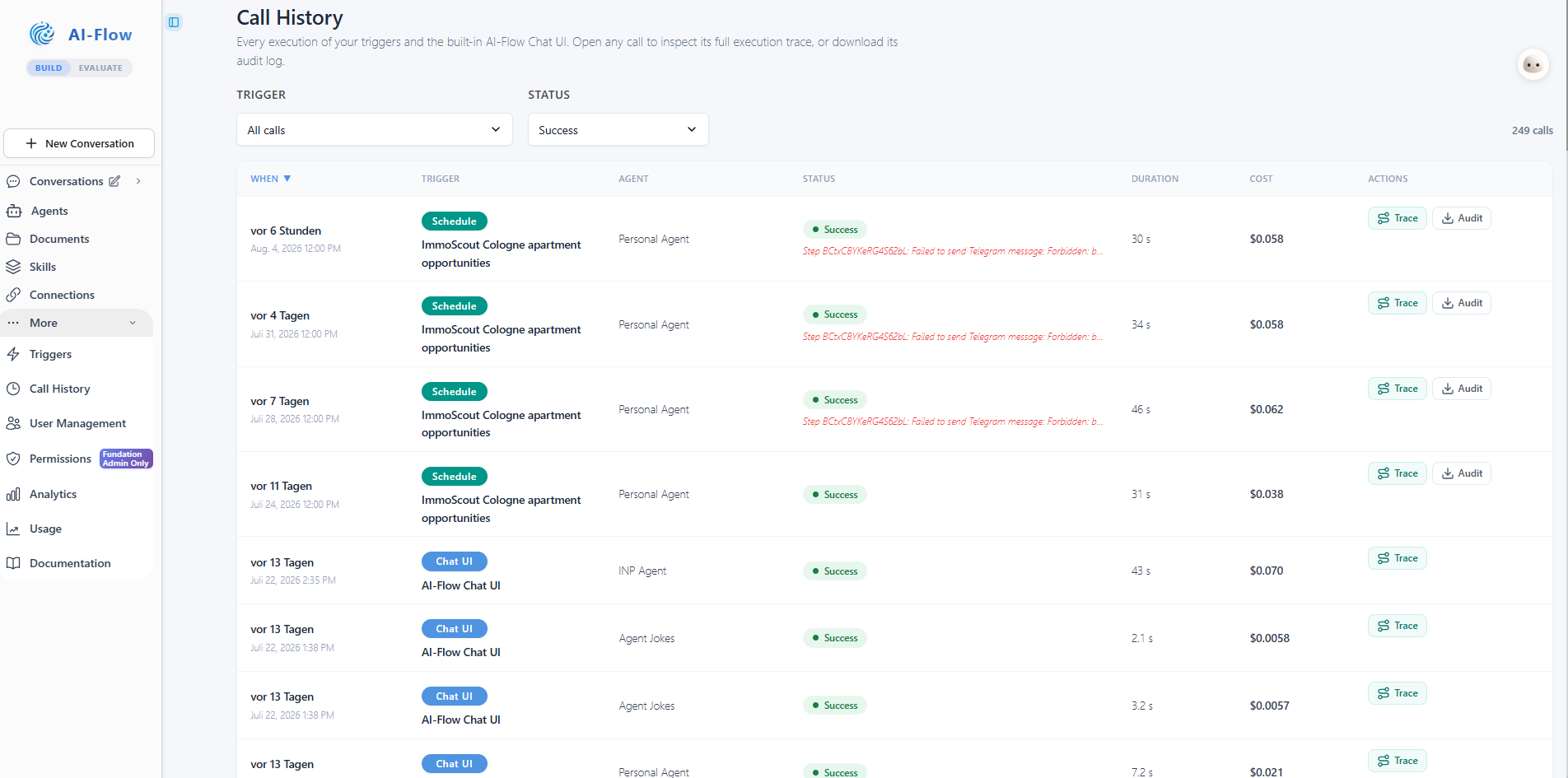 Call History listing every agent execution with trace and audit log