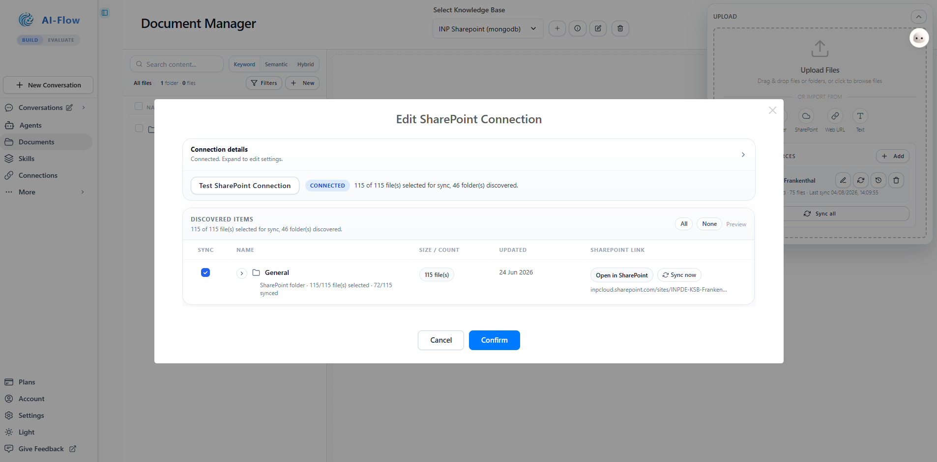 Document Manager syncing a SharePoint folder into a knowledge base