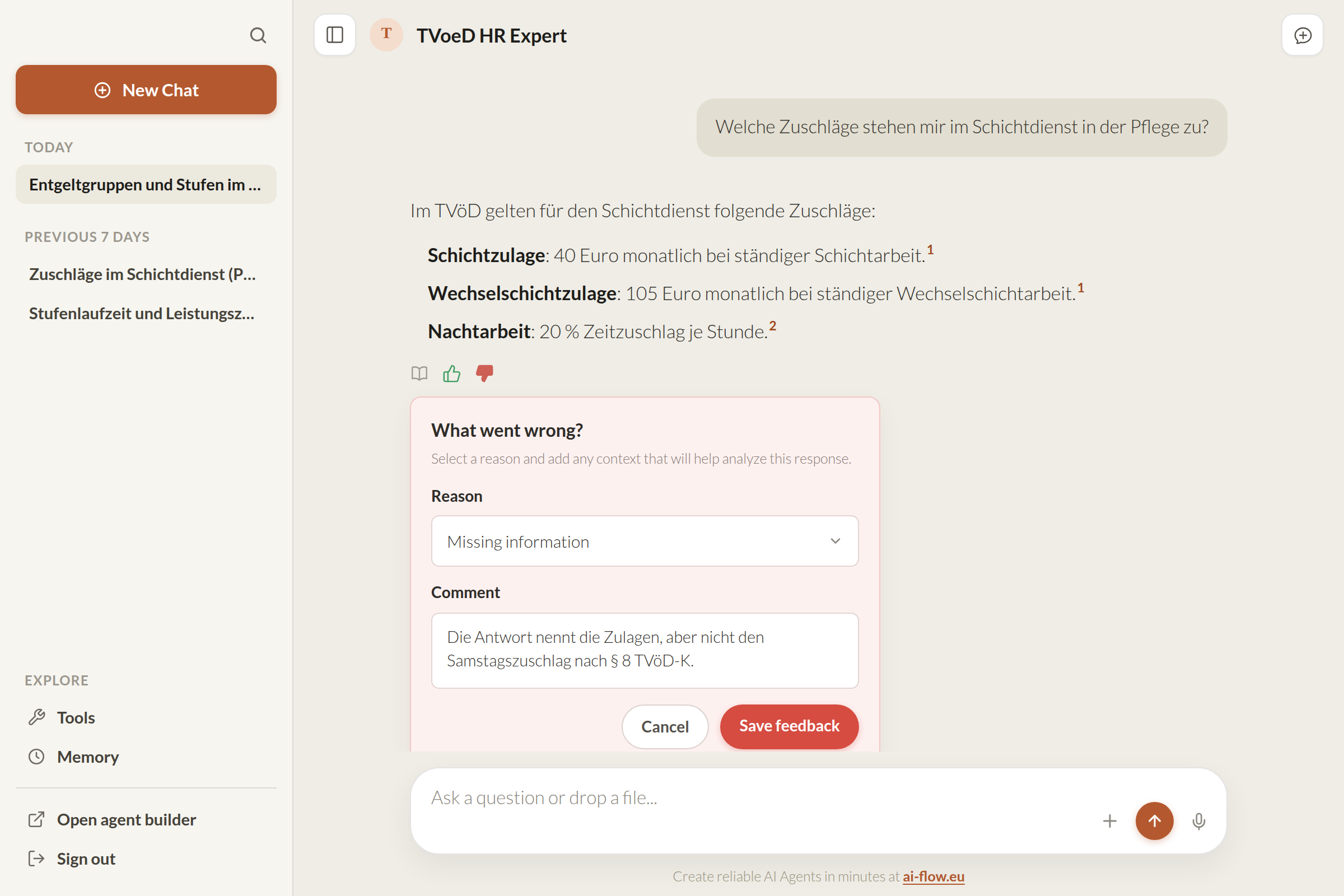 Feedback dialog on an answer with a reason and a comment