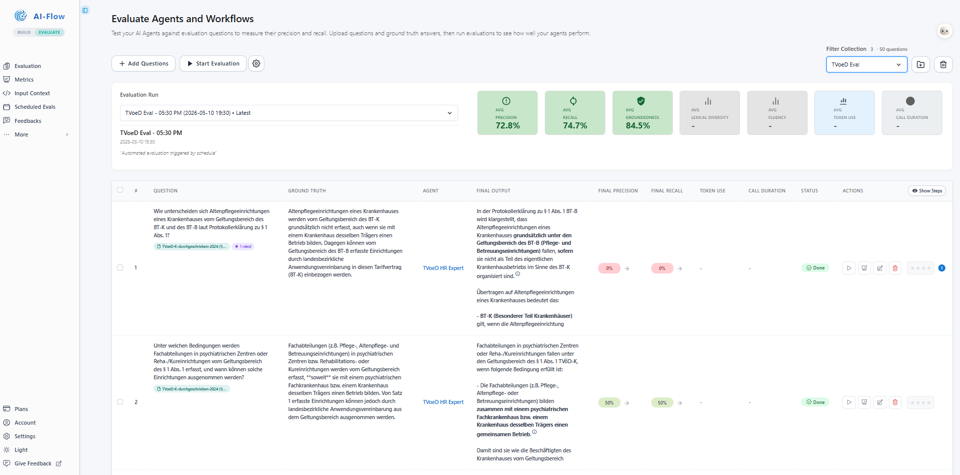 The evaluation workspace scoring agents for precision, recall, and groundedness